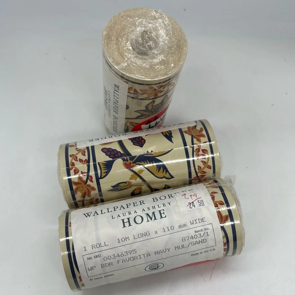 Vintage Laura Ashley Home Wallpaper Border Favorita Navy 3 Rolls NEW